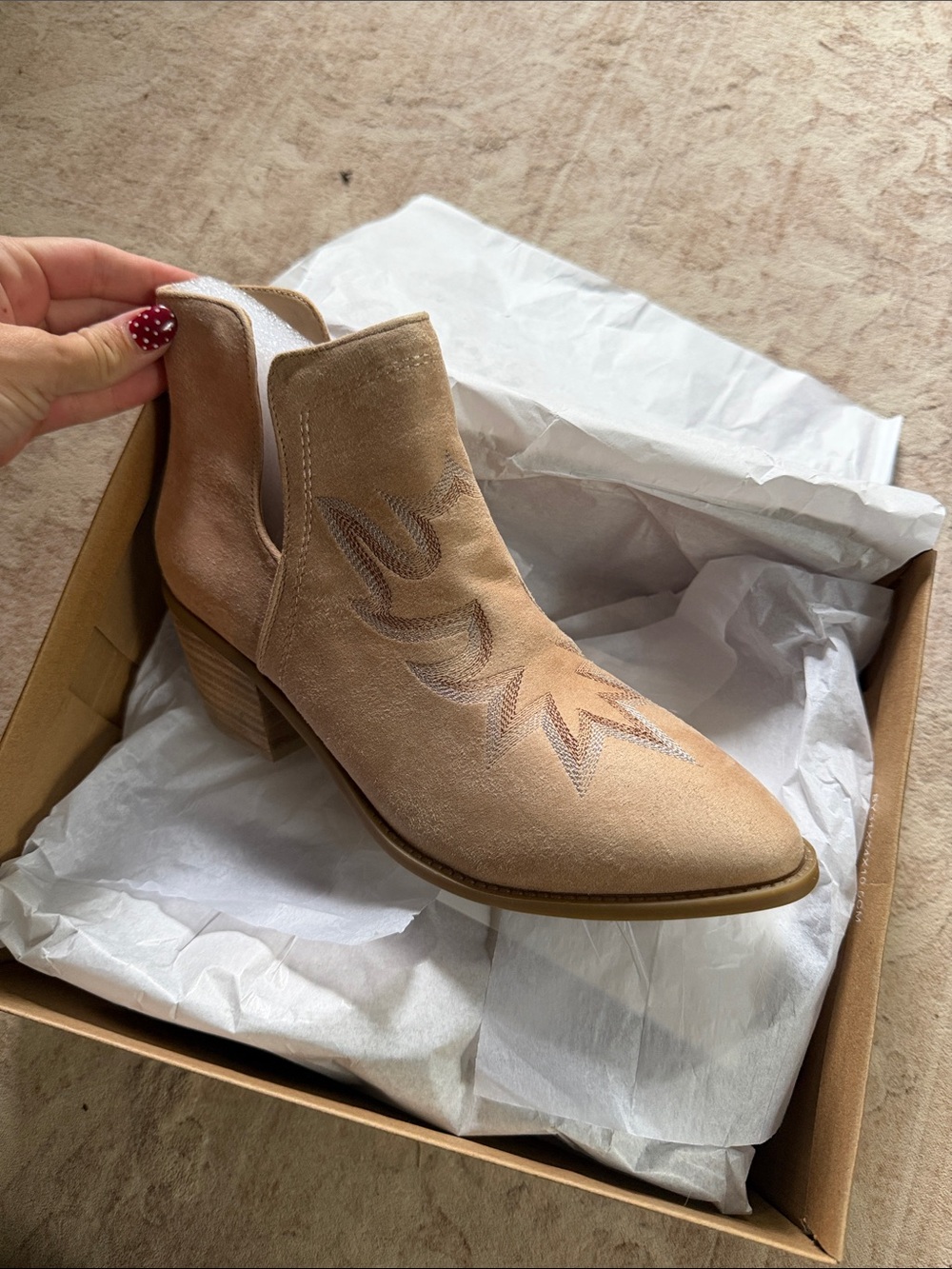 Cushionaire Suede Western Ankle Bootie in Beige - Women
